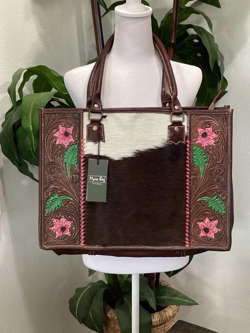 Myra‎ Bag Brown, White & Pink Floral Tooled Leather Tote